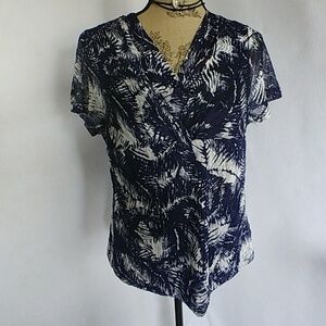 Rafaella Navy White Lace Overlay Blouse Top